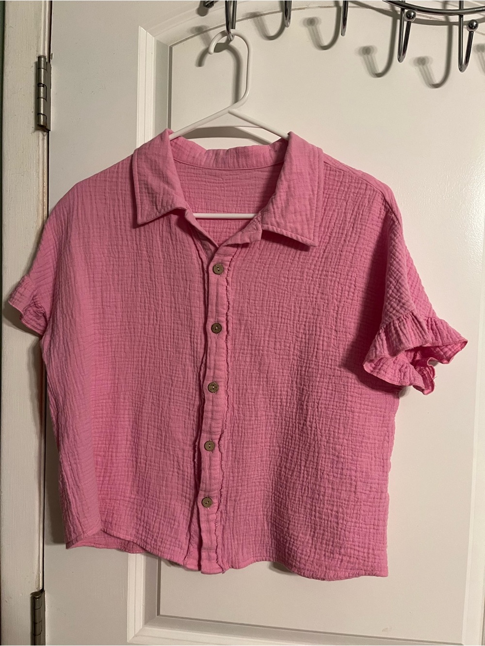 Women's Pink Button-Front Gauze Short-Sleeve Top